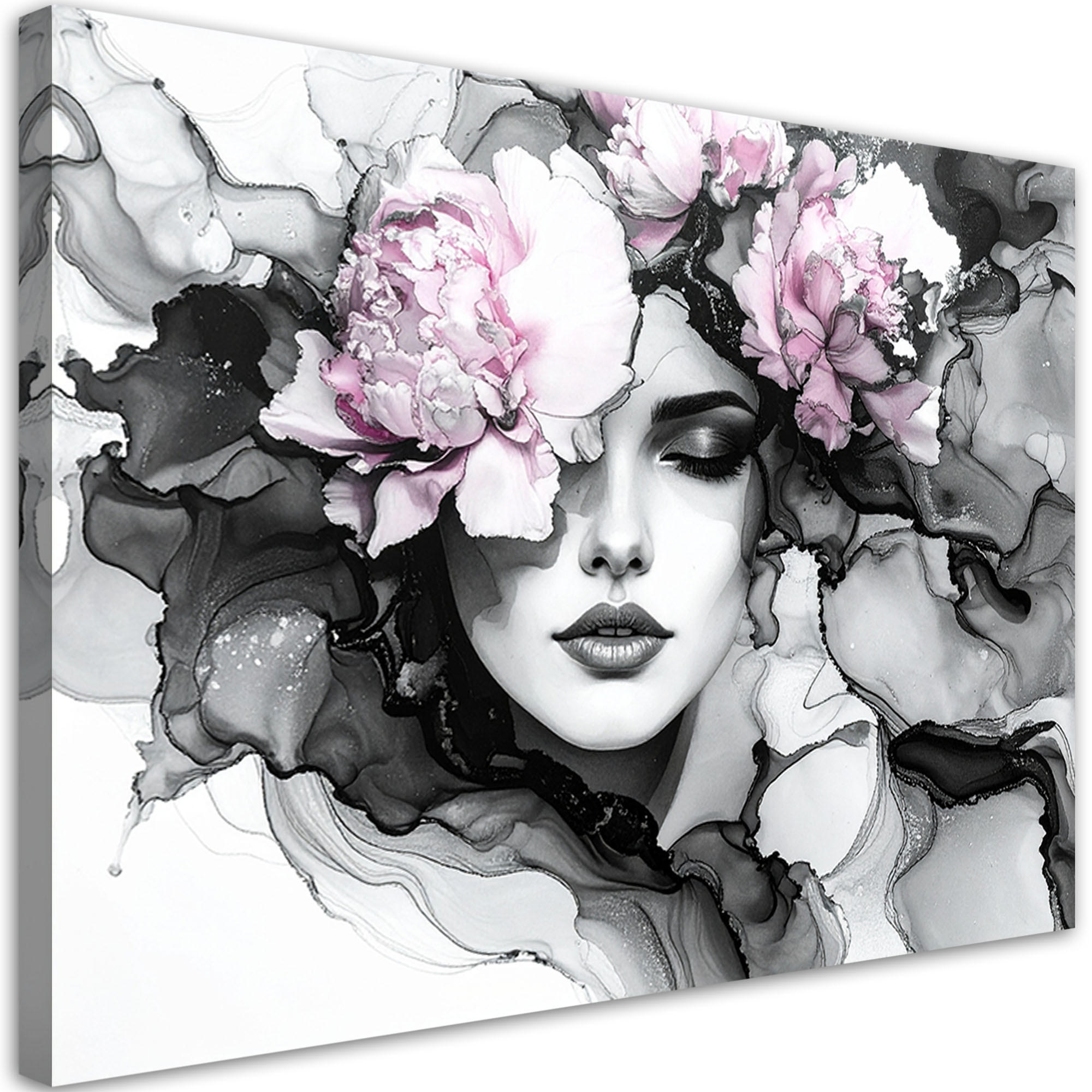 LEINWANDBILD Frau mit Blumen auf dem Kopf 120x80cm - Grau, Textil (120/80cm) - Feeby