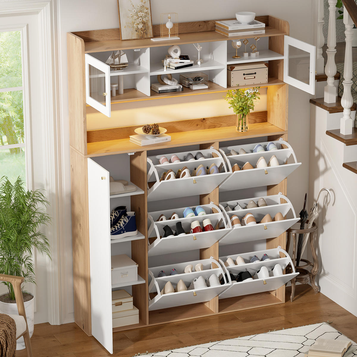 SCHUHSCHRANK 130x25x180cm mit Glas, LED und 6 Klappen - Weiß/Naturfarben, Holzwerkstoff (130/180/25cm) - FLIEKS