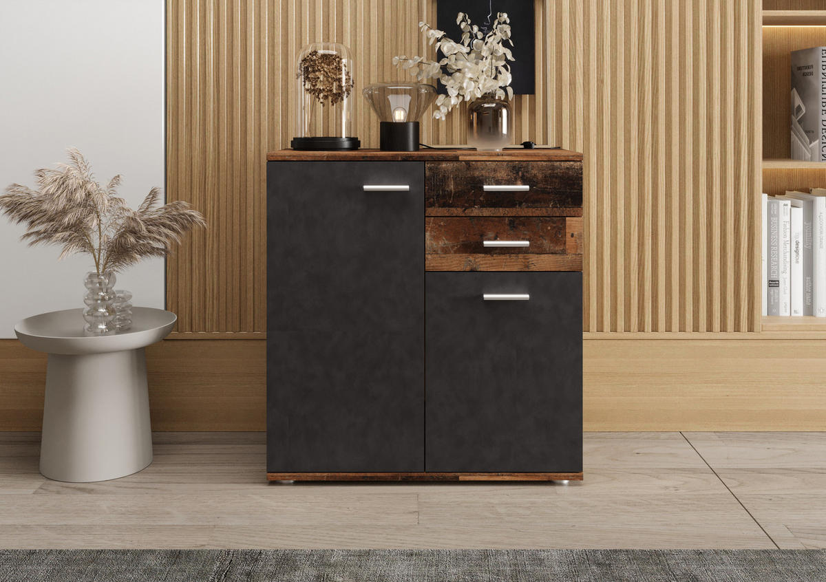 KOMMODE London LMK 2D2S mit 2 Türen, Sideboard in Farbe: Dunkelbraun|Schwarz, Größe: 71 x 75 x 35 cm - Dunkelbraun/Schwarz, Holzwerkstoff (71/75/35cm) - O-Sofa