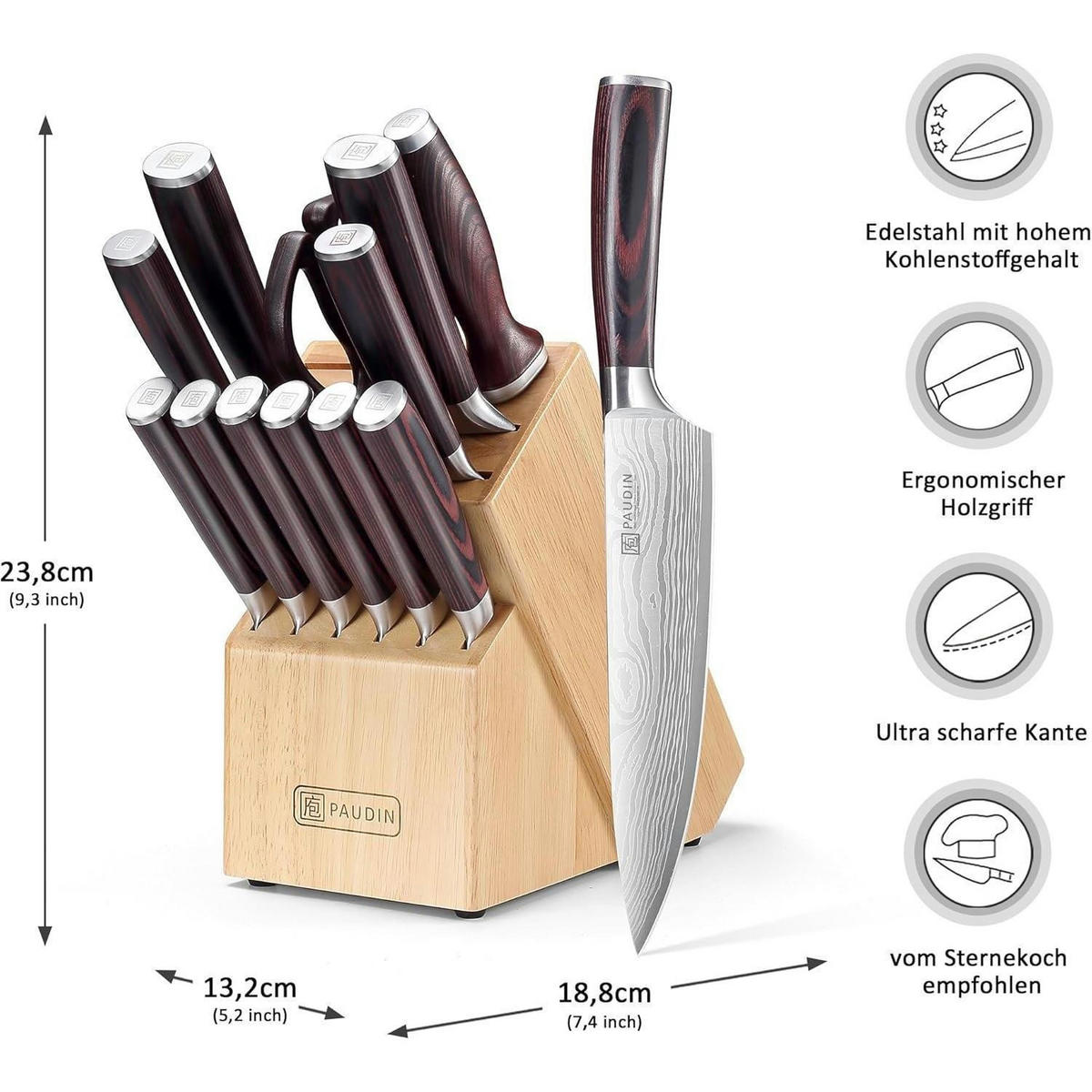 MESSERBLOCK Set 14-teilig Edelstahl mit Holzblock und Wetzstahl - Multicolor, Holz