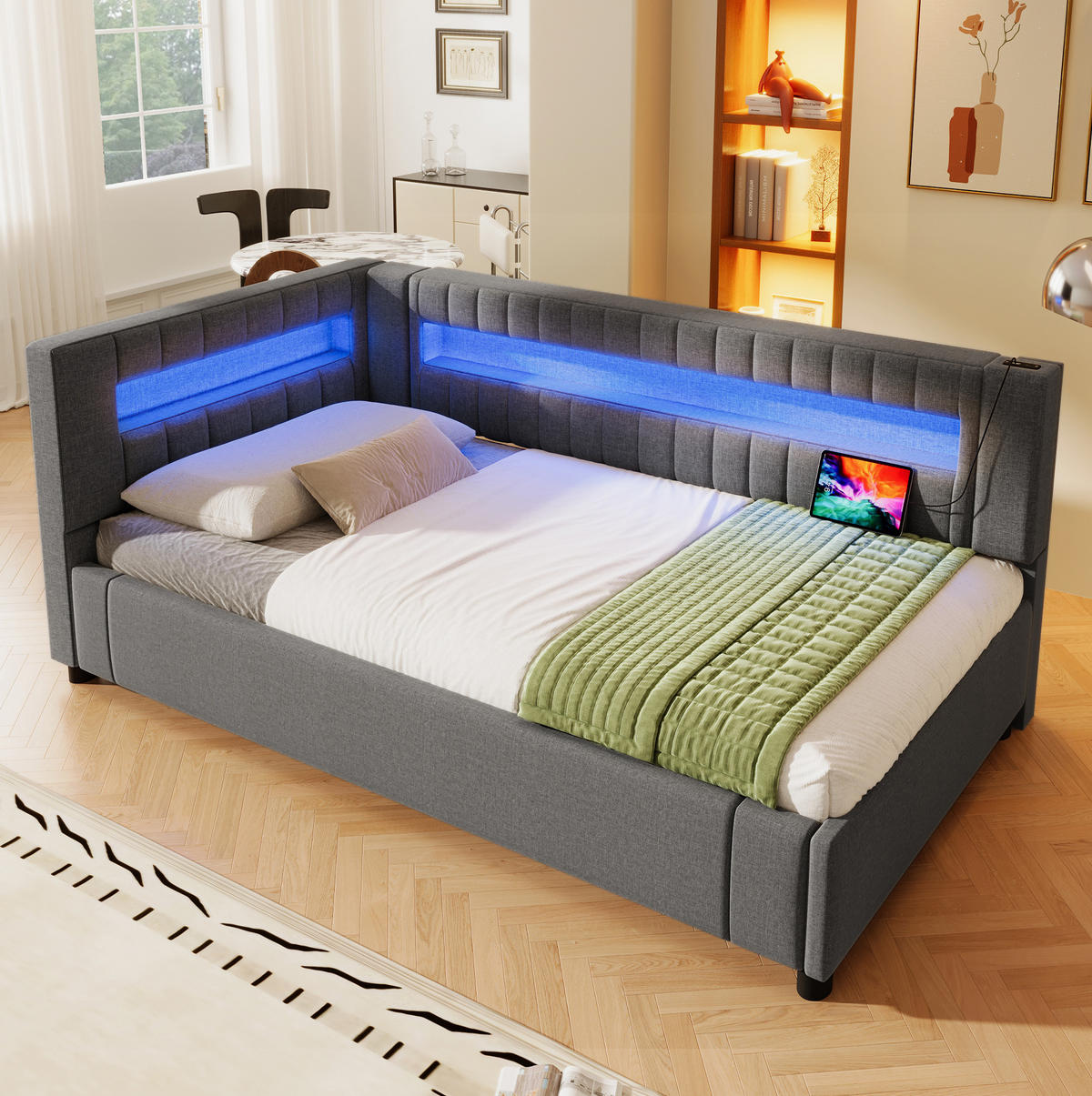 ČALÚNENÁ posteľ 90/200 cm ľan sivá s LED osvetlením a úložným priestorom - sivá, textil (90/200cm) - BEAOK