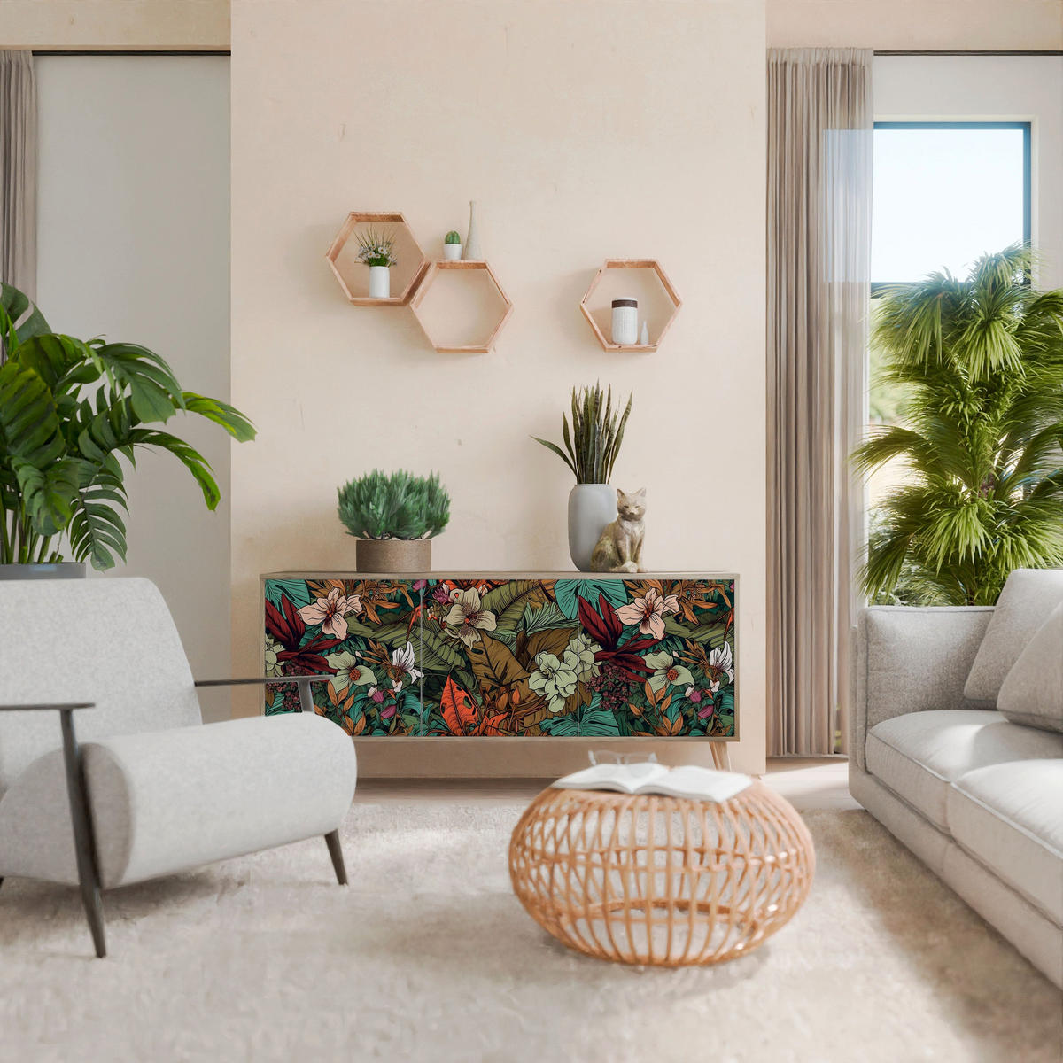 SIDEBOARD BOTANICAL EMERGENCE, Eicheneffekt, 164,5x42x77,5 cm, 3 Türen - Eichefarben/Buchefarben, Holzwerkstoff/Buchenholz (164.5/77.5/42cm) - SpaceRebels