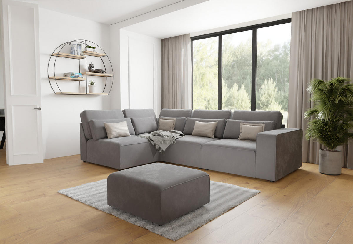 ECKSOFA modularer Leox Grau Samt-Stoff - Beige/Schwarz, Kunststoff/Textil (305/281cm) - S-Style Möbel