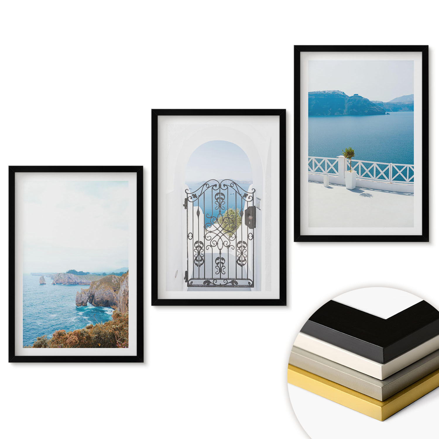 WANDBILDER 3er-Set - 40x60 cm Schwarzer Rahmen - Meeresarchitektur Griechenlands - Schwarz, Kunststoff (40/60cm) - ArtPrintCave