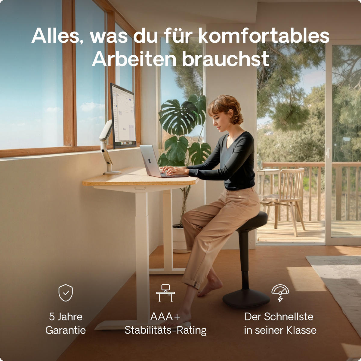 SCHREIBTISCH Elektrisch Höhenverstellbarer HomeOne 140x70cm Weiß/Bambus mit Memory-Funktion, Anti-Kollisions Technologie - Hellgelb/Weiß, Holz (70/140/72cm) - Desktronic