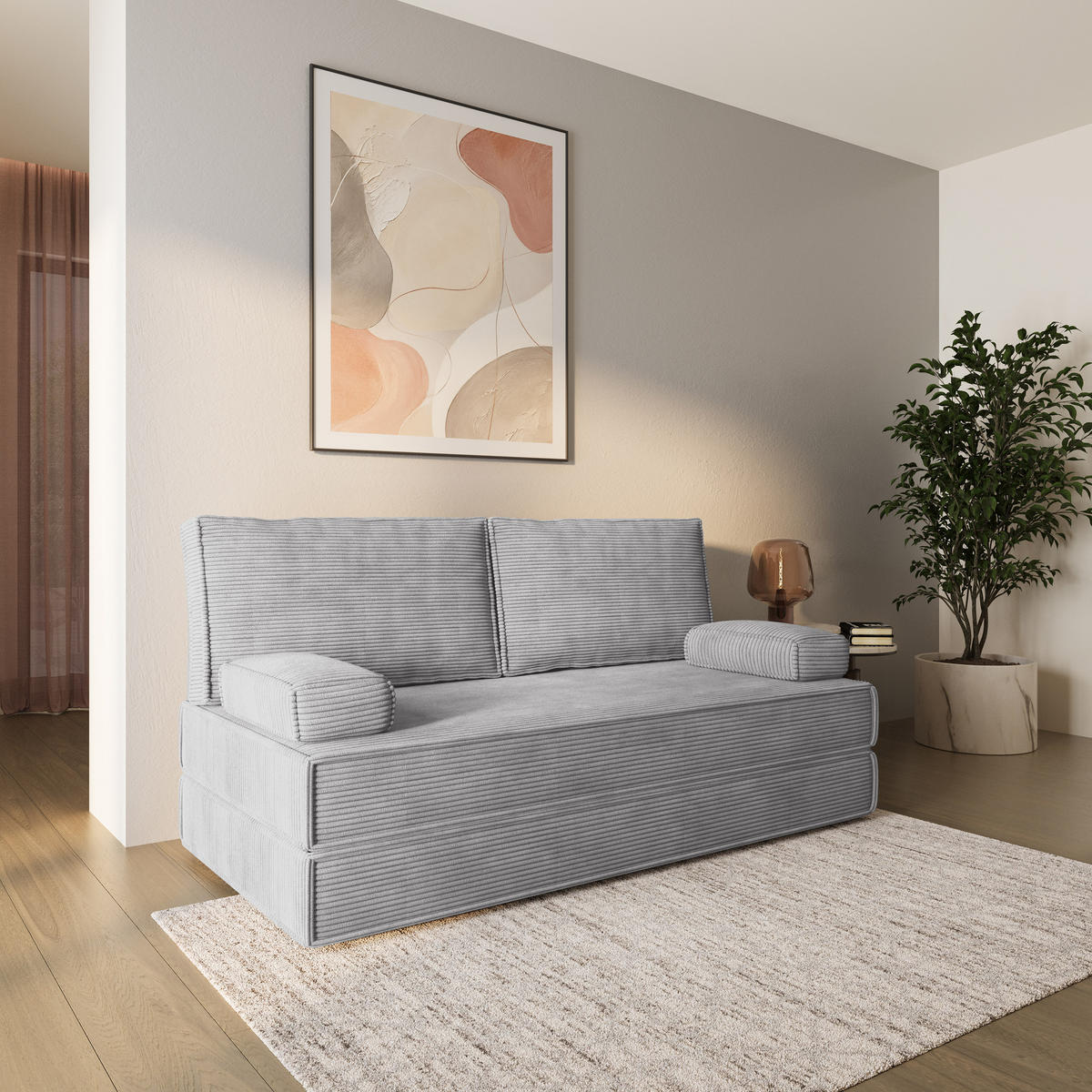 BETTSOFA SILAR aus Schaumstoff Cordstoff Hellgrau Schlaffunktion - Hellgrau, Textil (170/86/80cm) - MASSENO