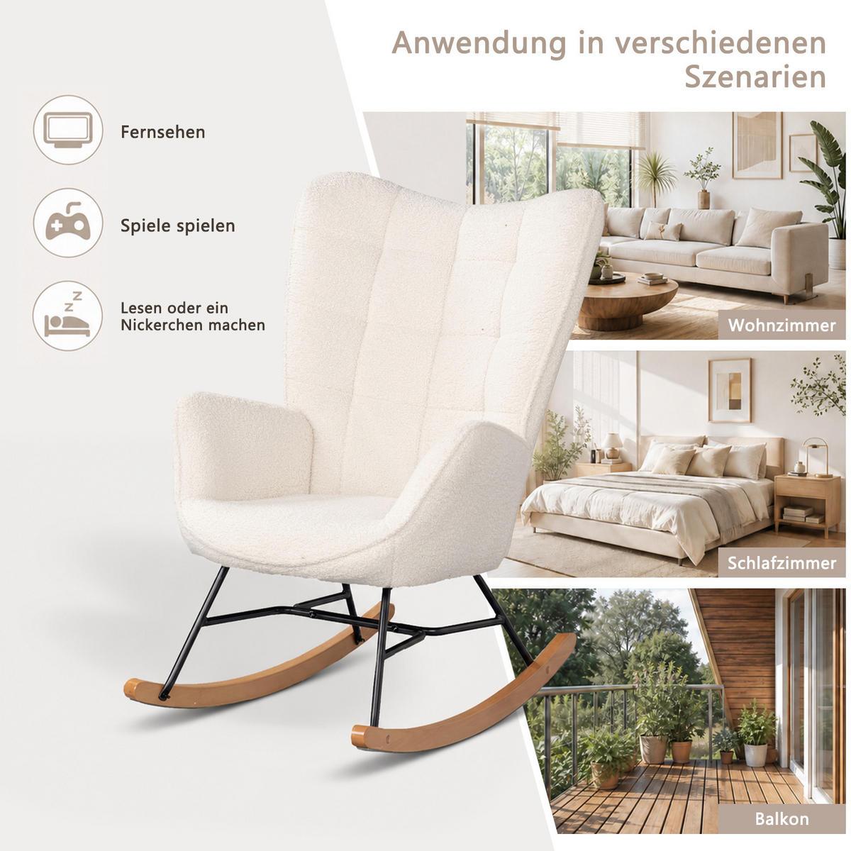 2ER Set Schaukelstuhl Stahl, Beige - Beige, Textil (68/98/85cm) - Meubles Cosy