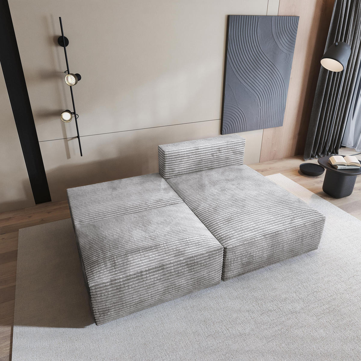 ECKSOFA FIORO Hellgrau Kordstoff mit Schlaffunktion - Hellgrau, Holz (204/148cm) - MASSENO