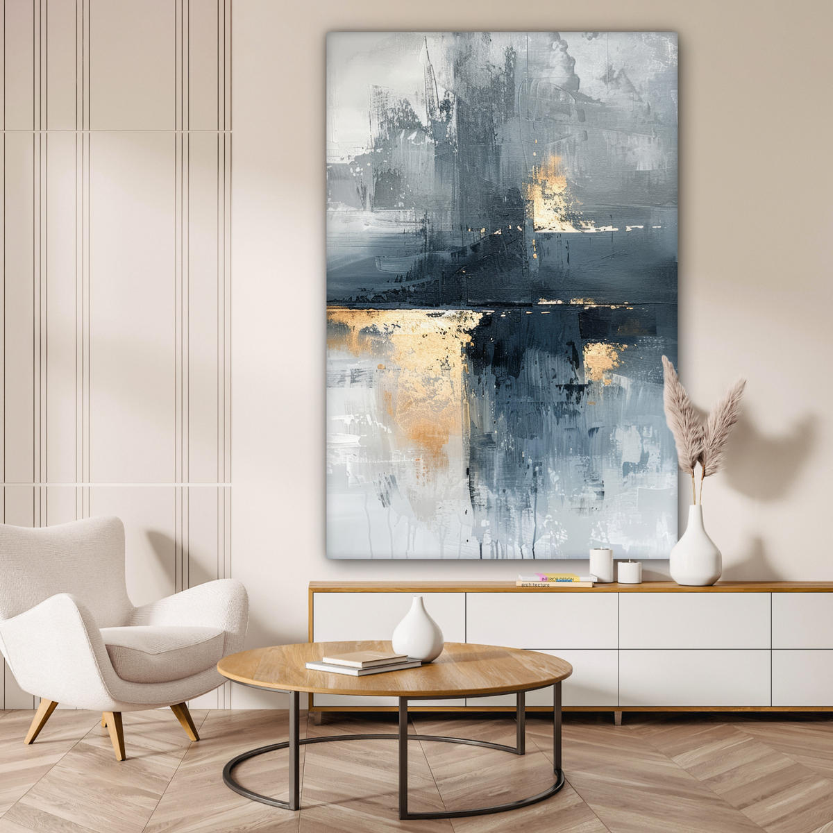LEINWANDBILD Kunst - Grau - Gold - Abstrakt Deko Groß 90x140 cm - Dunkelgrau, Textil (90/140cm) - MuchoWow