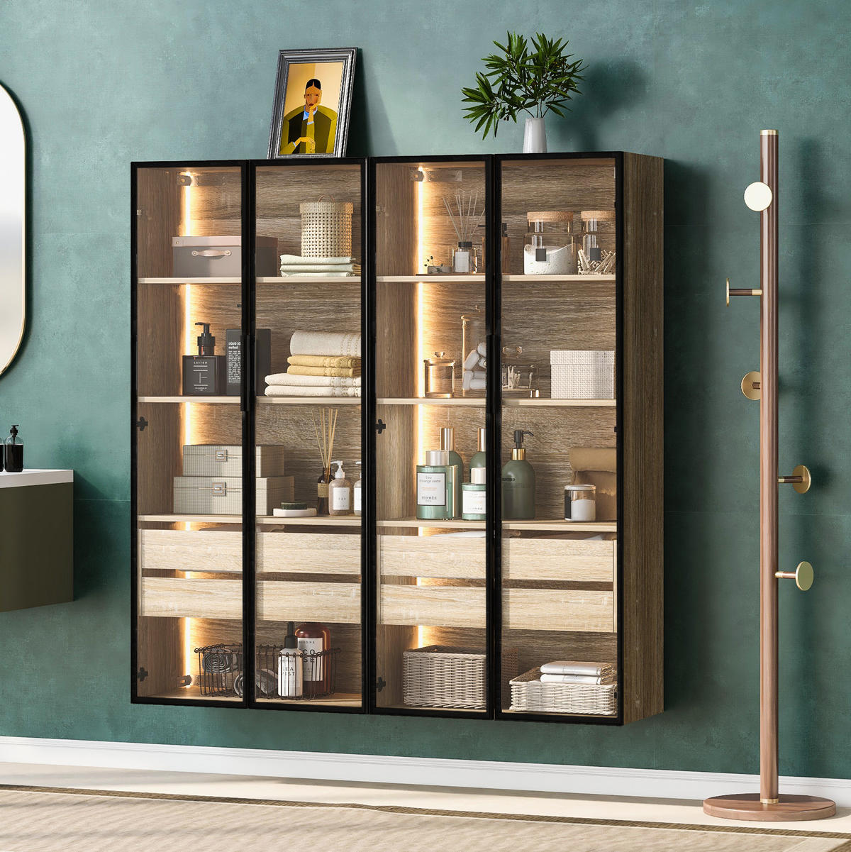 SCHRANK 2er-Set mit LED und Milchglastüren Natur - Naturfarben, Holzwerkstoff (36/155/74cm) - Beauniv