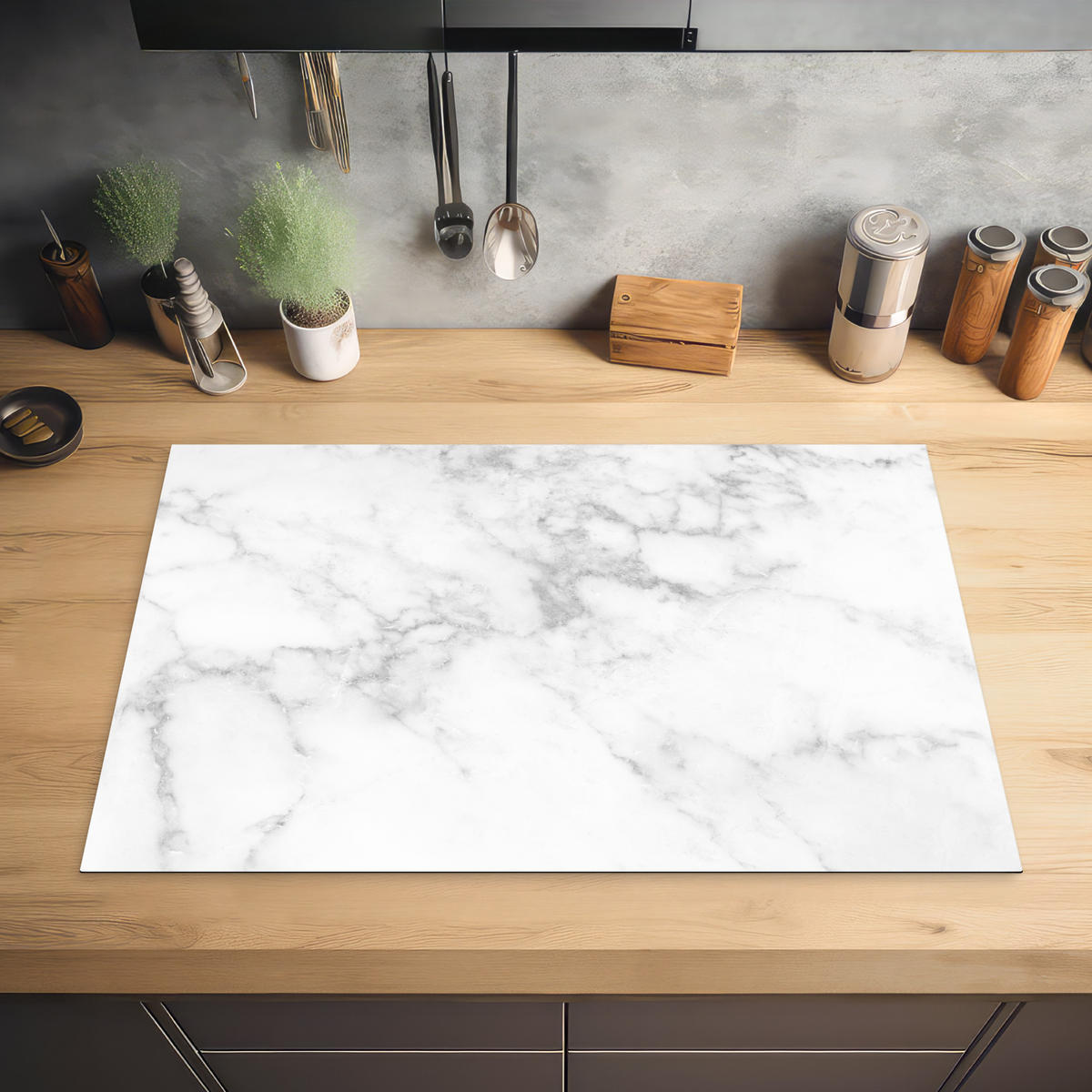 HERDABDECKPLATTE Marmor - Grau - Weiß - Strukturierter Marmor 81x52 cm - Weiß, Kunststoff (81/0.2/52cm) - MuchoWow