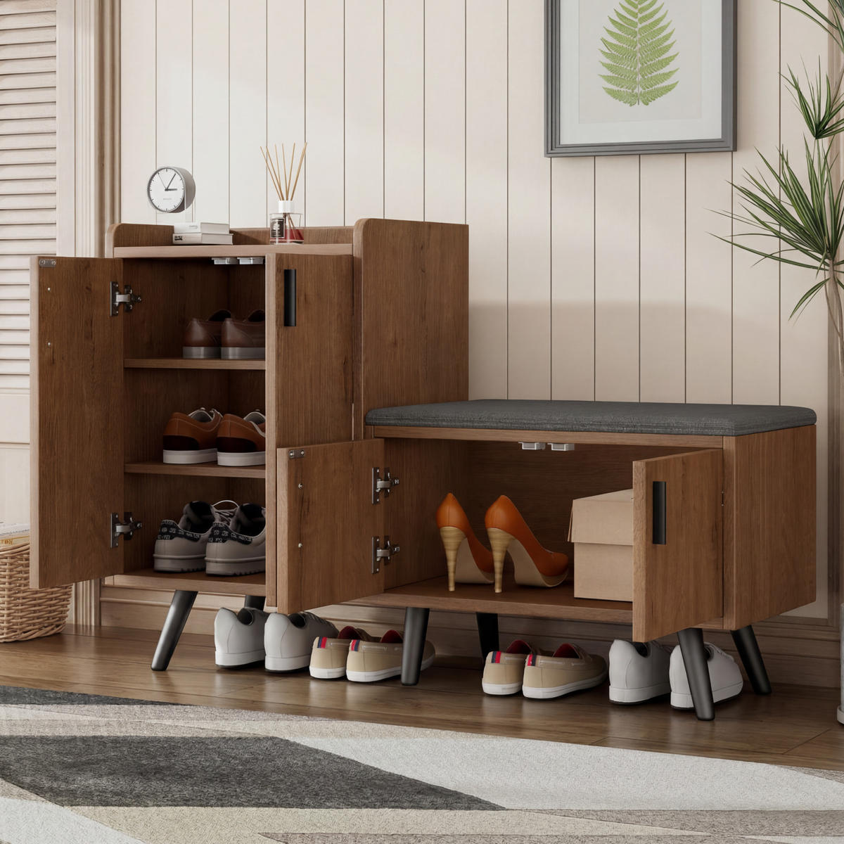 SCHUHBANK mit Holzmaserung, Schuhschrank, 4 Türen - Multicolor, Holzwerkstoff (34/82.8/120cm) - Meubles Cosy