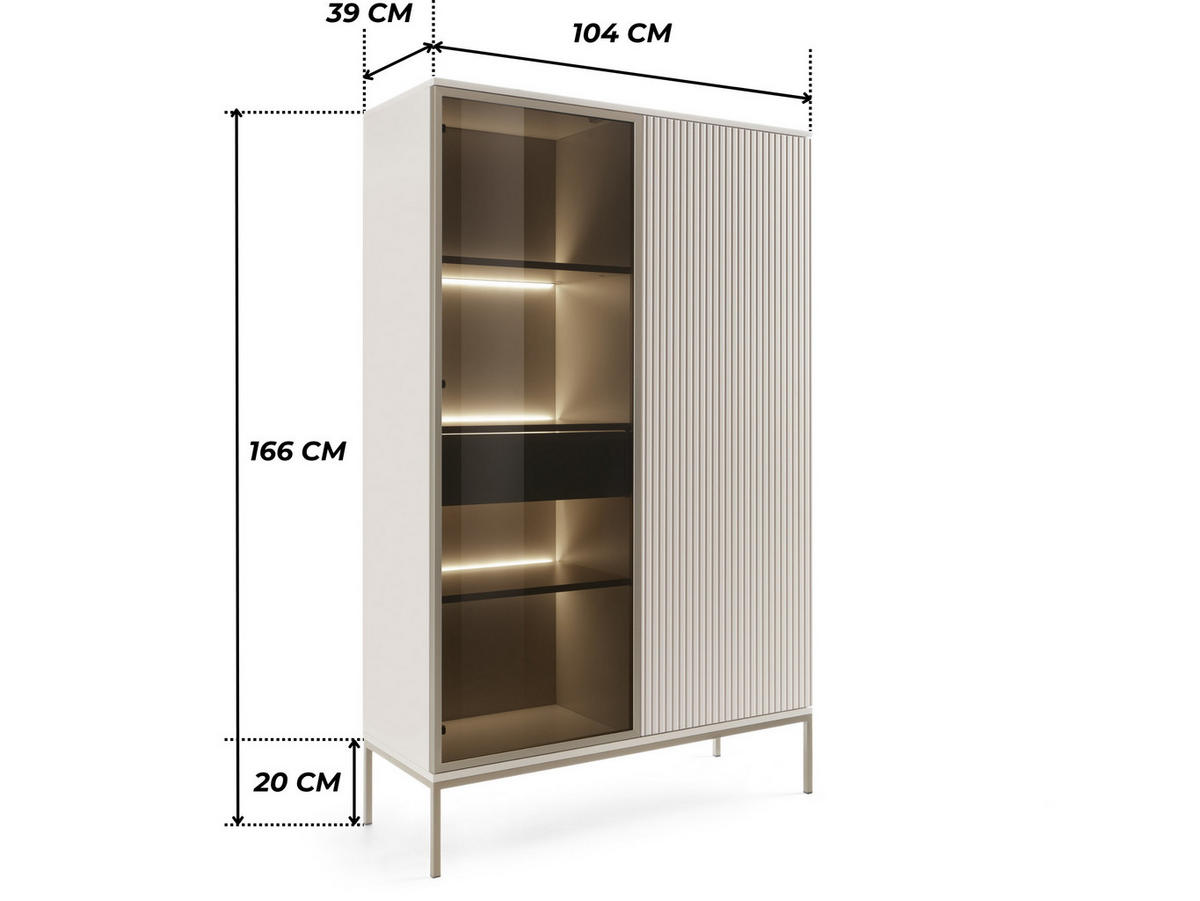 MODERNE Geriffelte Hochvitrine LAGOS W2D1SZ (Kaschmir Matt, LED, Champagner Gestell, Push to Open) - Kaschmir/Champagner, Glas/Holz (104/166/39cm) - Ravio