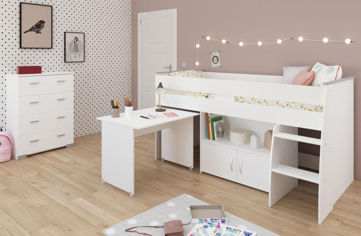 KINDERZIMMER weiß, Komplett-Set 2-teilig mit Stauraumbett, Kommode - Silberfarben/Weiß, Holzwerkstoff/Kunststoff (115/110/204cm) - Parisot Meuble