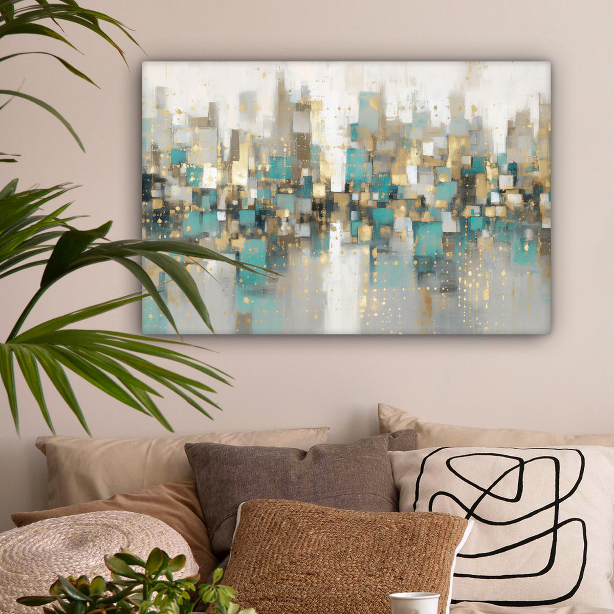 LEINWANDBILD Abstrakt - Blöcke - Gold - Skyline Wanddeko 90x60 cm - Beige, Textil (90/60cm) - MuchoWow