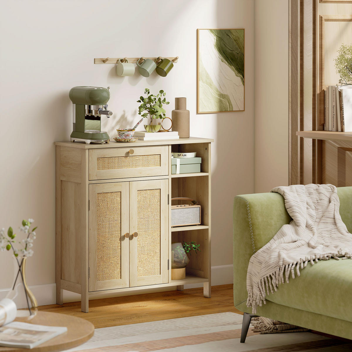 SIDEBOARD DE-11221 2 Rotintüren, Schublade Naturholz - Naturfarben, Holzwerkstoff (75/79.5/30cm) - ComfortXL