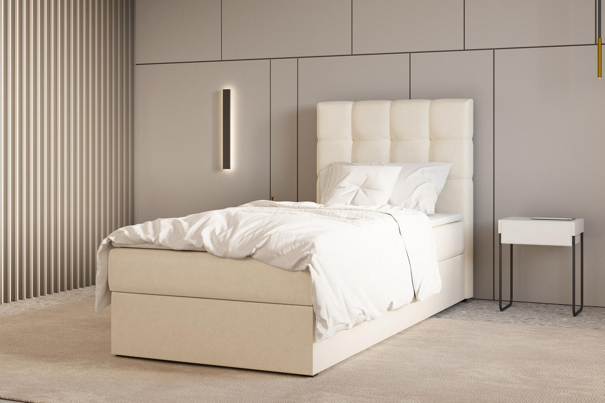 BOXBETT - Bett 05 OSLO - Hugo - 90x200 cm - mit Bettkasten und Waschbarem Topper - Beige, Holz (90/200cm) - ROYAL24_MARKT