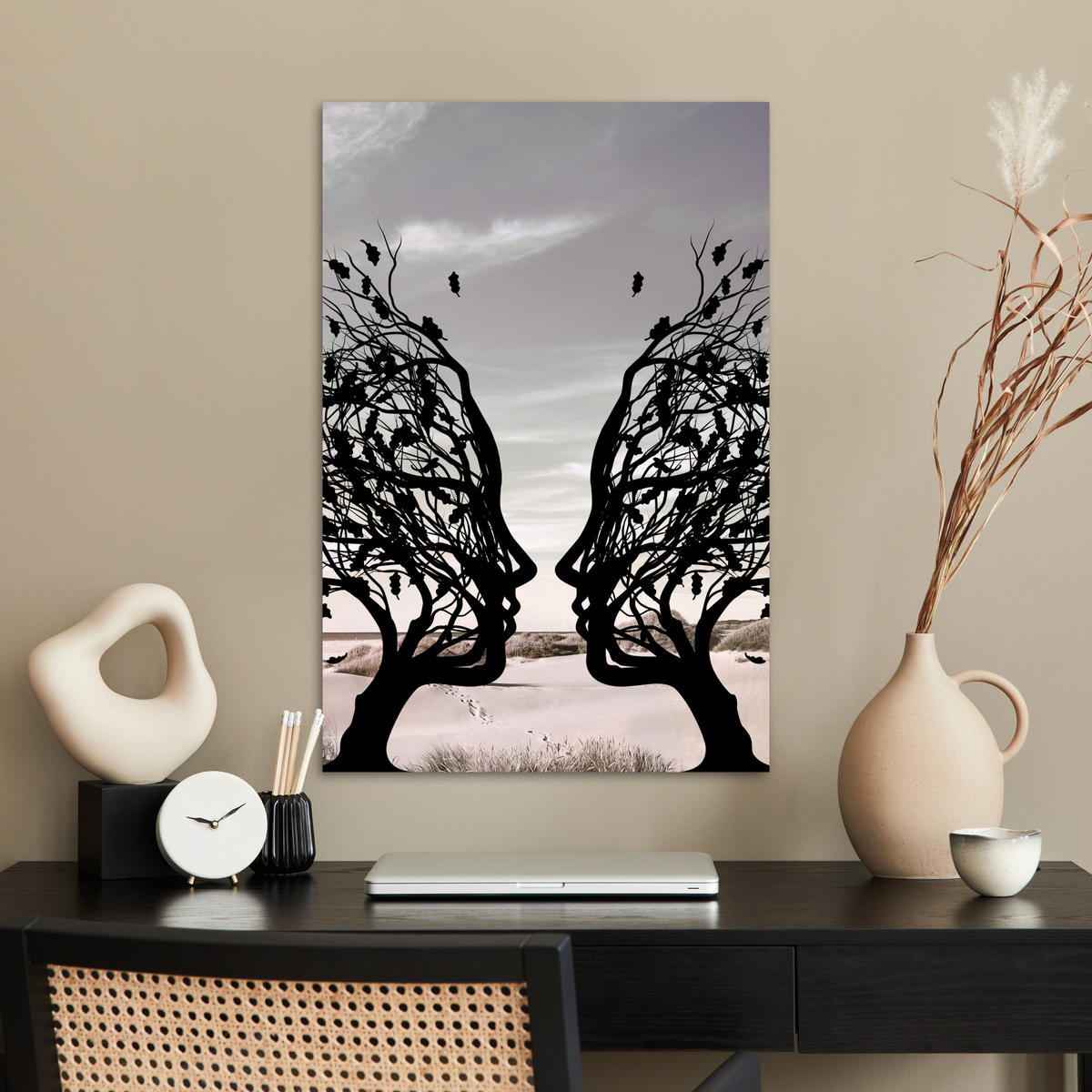 POSTER Strand - Meer - Menschen - Baum - Moderne Kunst 40x60 cm - Hellgrau, Papier (40/60/0.1cm) - MuchoWow