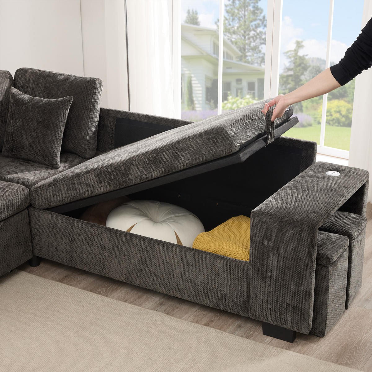 SCHLAFSOFA Grau L-Form USB Stauraum Getränkehalter Kissen - Grau, Textil (205/220cm) - FLIEKS