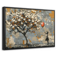 LEINWAND Bilder mit Rahmen - Baum - Graffiti - Banksy-Stil - Ballon-Mädchen - 30x20 - Blaugrau, Textil (30/20cm) - MuchoWow