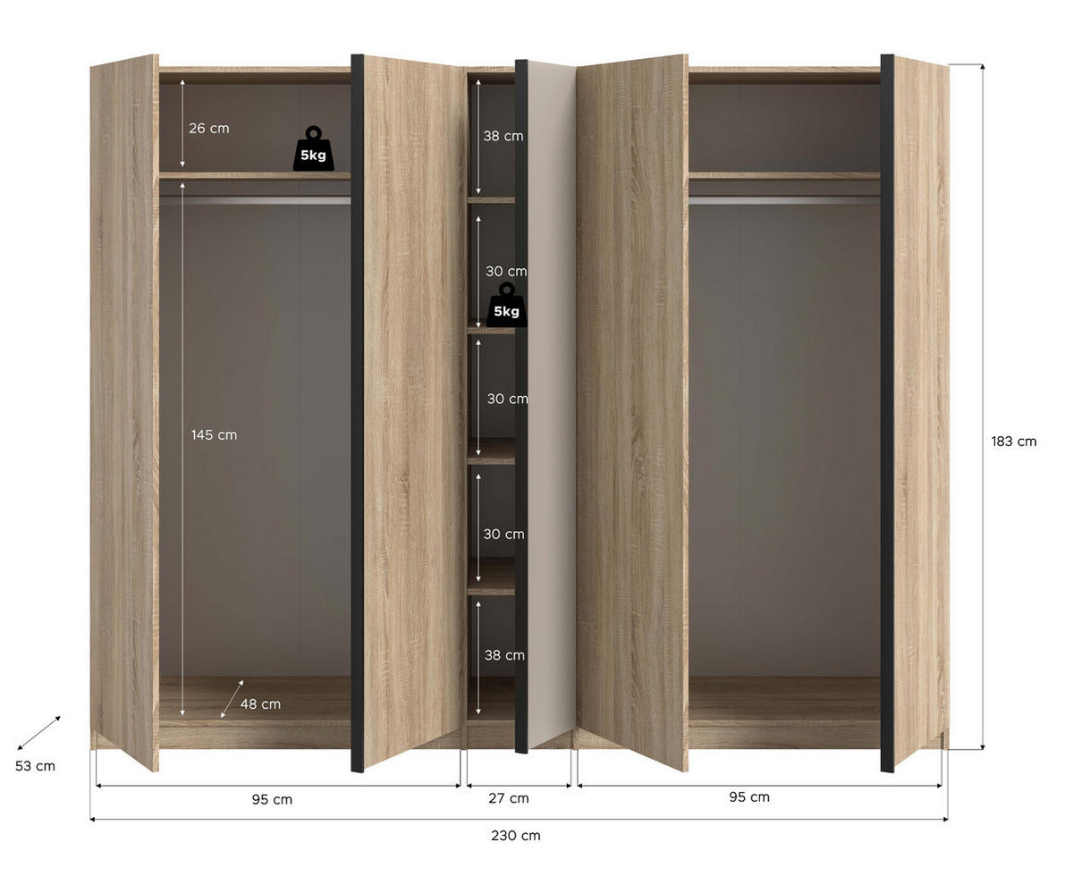 KLEIDERSCHRANK Eiche Sonoma, Kaschmir 5-türig 230 x 183 cm, Drehtürenschrank mit 2x Schubkasteneinsatz - Kaschmir/Eichefarben, Holzwerkstoff/Kunststoff (230/183/53cm) - Inn.Furn