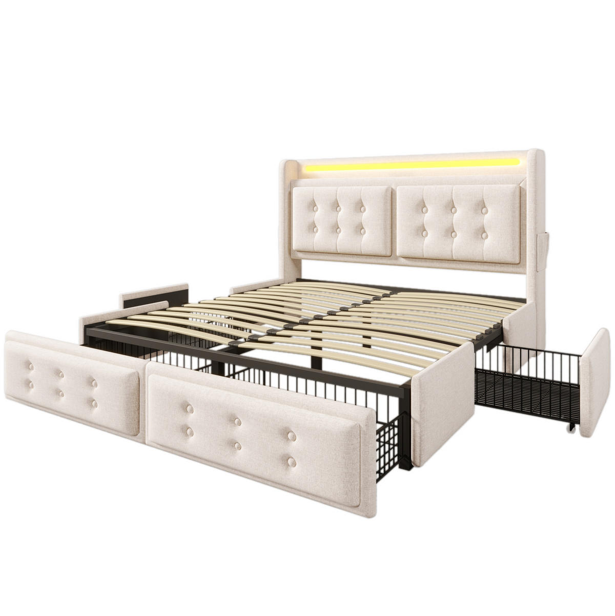 BETT mit LED, USB und 4 Schubladen 160x200 cm Baumwoll-Leinen Beige - Beige, Metall (160/200cm) - Meubliv