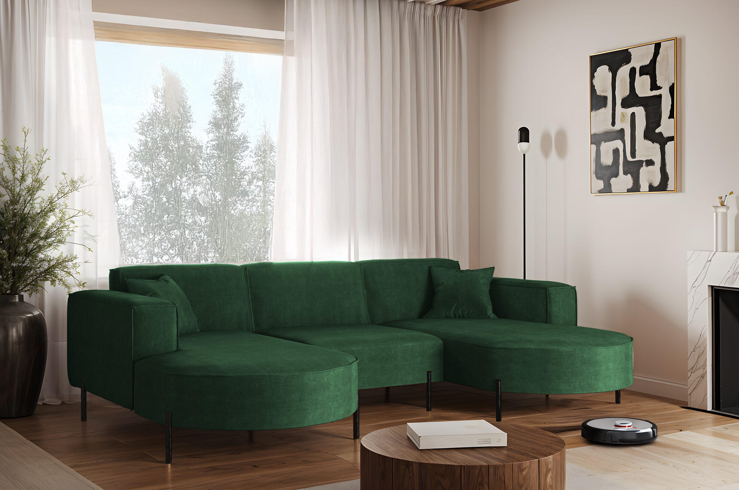 ECKSOFA U-Form Designer Modena Rein Stoff Noel Grün - Waldgrün, Holz (165/299cm) - Kaiser Möbel