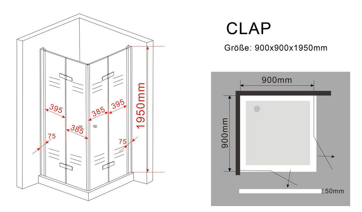 DUSCHKABINE CLAP Klar 90 x 90 x 195 cm 8 mm ESG - Klar, Glas (90/90/195cm) - Glasdeals