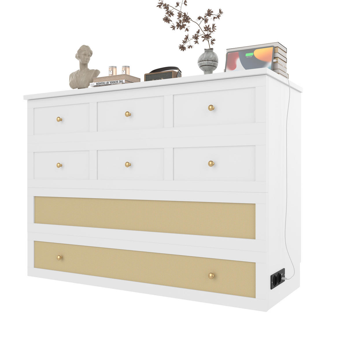 BETT 140/200 cm in Weiß mit USB-Anschluss, Steckdose und Stauraum - Weiß, Holzwerkstoff (140/200cm) - Flora Grace
