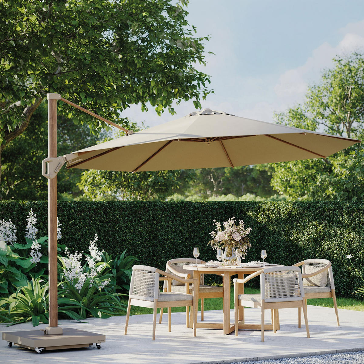 AMPELSCHIRM rund 3.5 m Challenger T² Premium 360° kippbar natur/teak - Creme, Metall (350/350cm) - Platinum