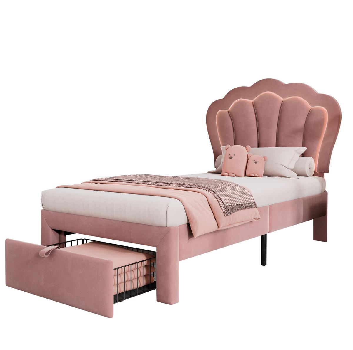 KINDERBETT aus Samt 90x200 cm Rosa mit RGB-LED, verstellbarem Kopfteil und Rollschublade - Rosa, Textil (90/200cm) - IVMEU