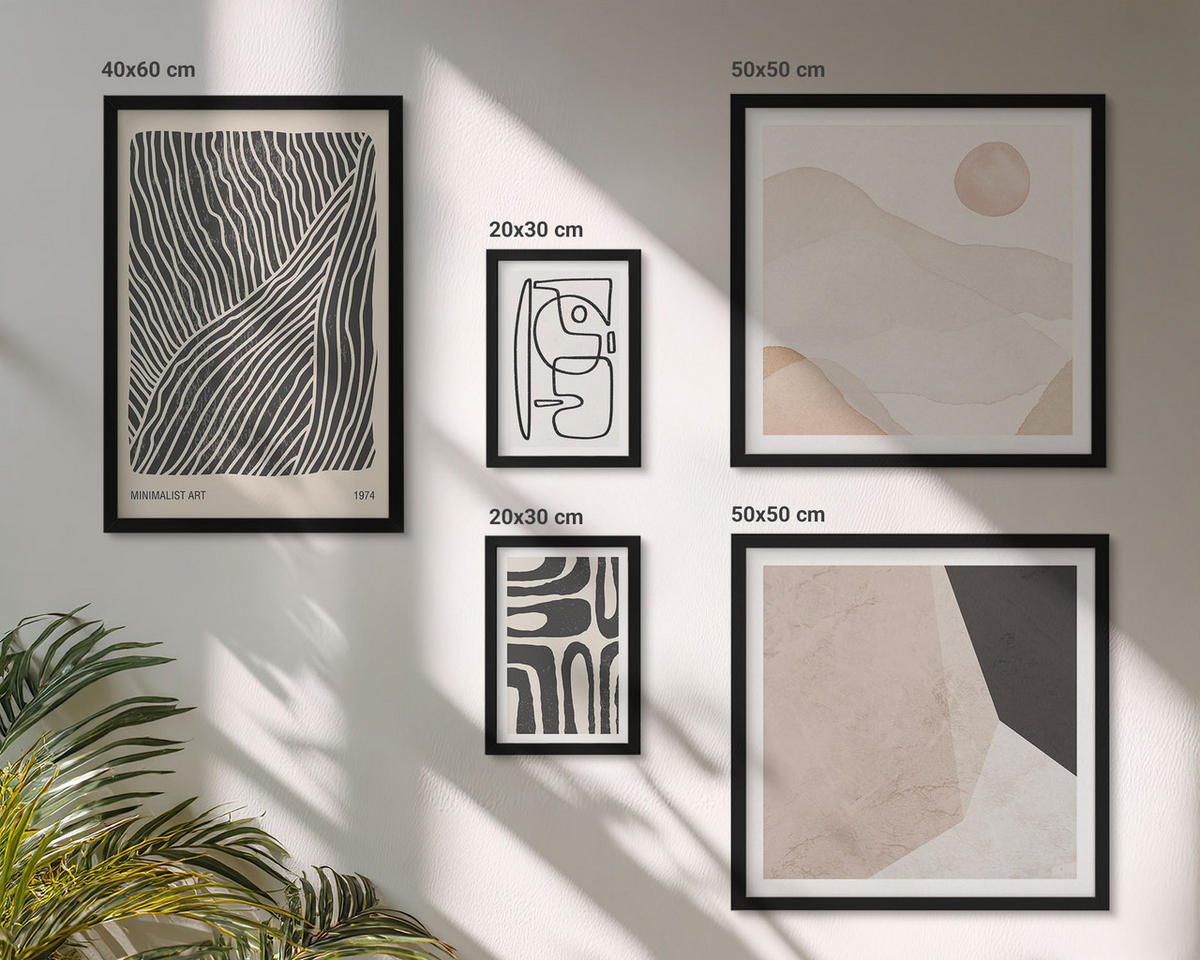 BILDER SET 5er Set - 50x50 cm & 20x30 cm & 40x60 cm Schwarzer Rahmen - Abstrakte Muster mit Linien - Schwarz, Kunststoff (40/60cm) - TULUP
