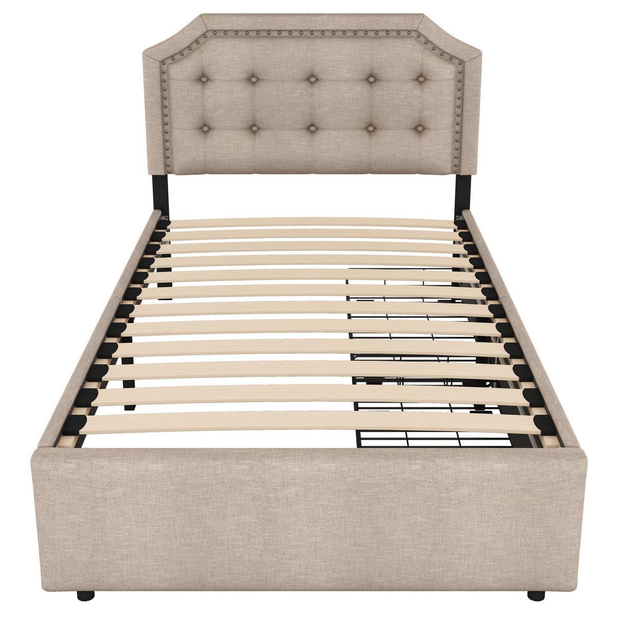 POLSTERBETT 90/200 cm Dunkelbeige mit Aufbewahrung und Zierknöpfen - Beige, Textil (90/200cm) - OKWISH