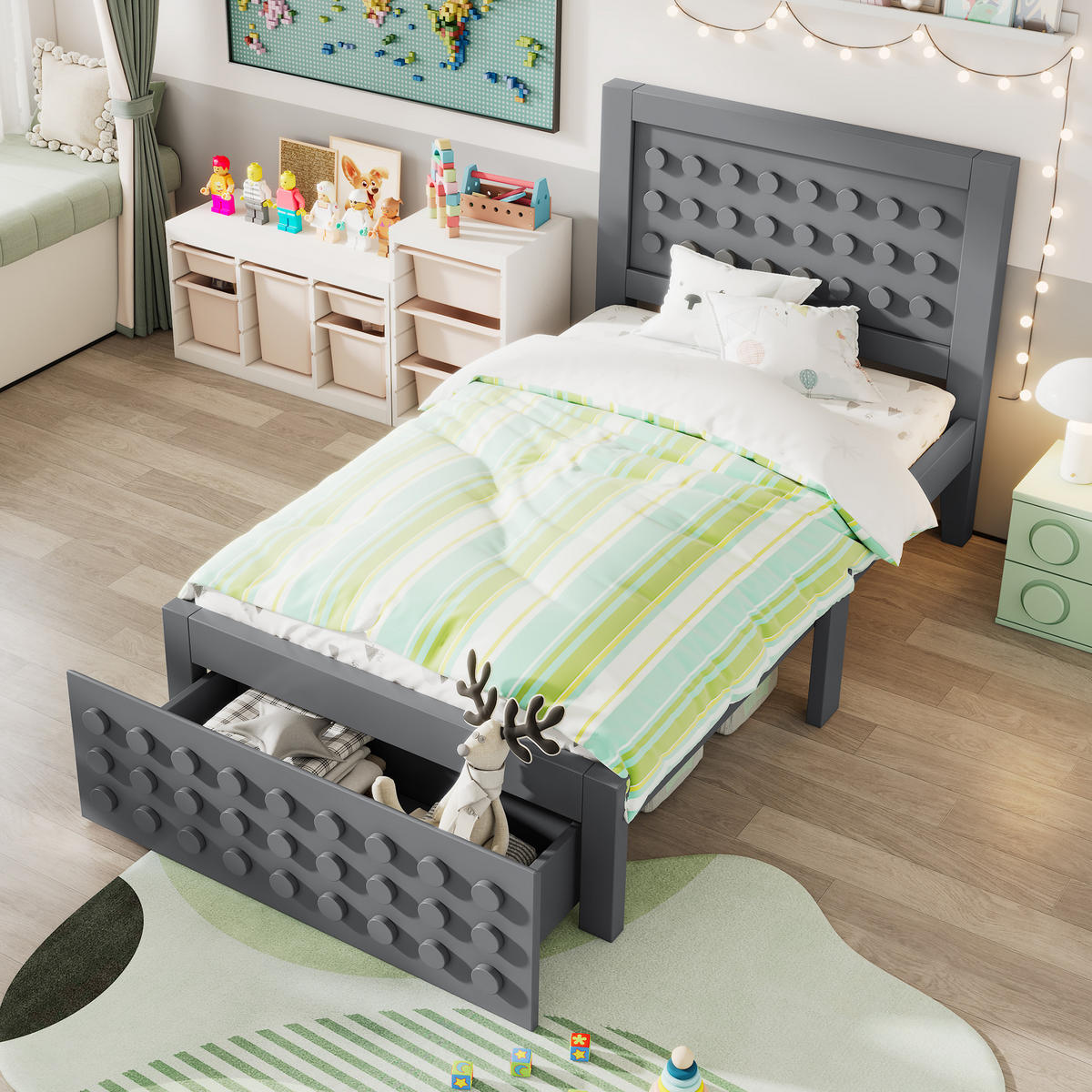 KINDERBETT 90/200 cm grau mit Kreativem Block Design und Stauraum - Grau, Holz (90/200cm) - OKWISH