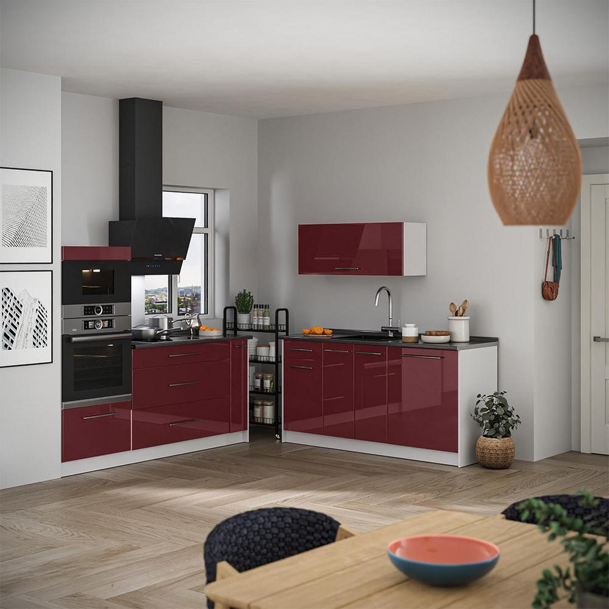 KÜCHENZEILE Fame-Line, Bordeaux Hochglanz/Weiß, 340 cm, AP Anthrazit - Bordeaux/Weiß, Holzwerkstoff (340/153.6/60cm) - Vicco