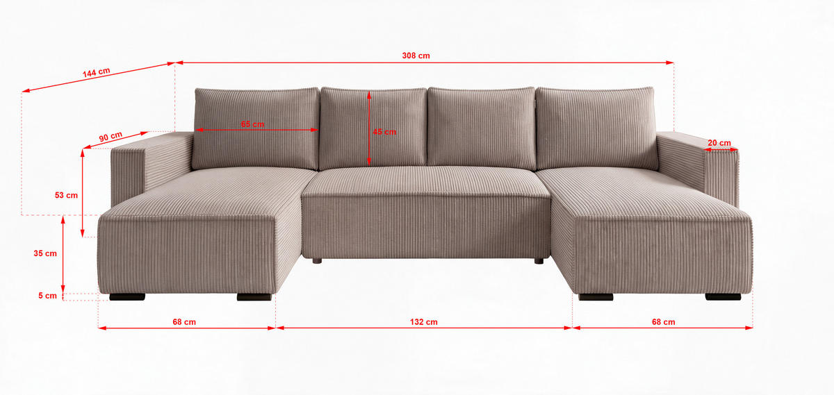 WOHNLANDSCHAFT CUDDY U mit Schlaffunktion und Bettkasten, Farbe: Braun, Cordstoff - Cappuccino, Textil (308/85/144cm) - Storez24