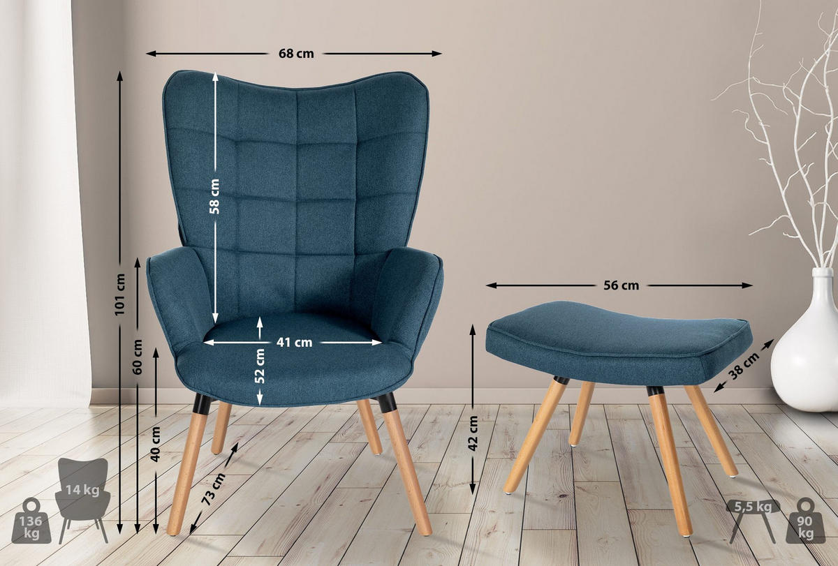 SESSEL MIT HOCKER Stoff Blau - Blau/Eukalyptusholzfarben, Holz/Textil (68/101/111cm) - CLP