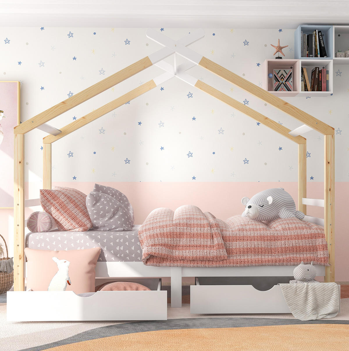HAUSBETT 90/200 cm in Weiß – mit Satteldach, 2 Schubladen und Liegefläche 90/200 cm - Weiß, Holz (90/200cm) - BEAOK