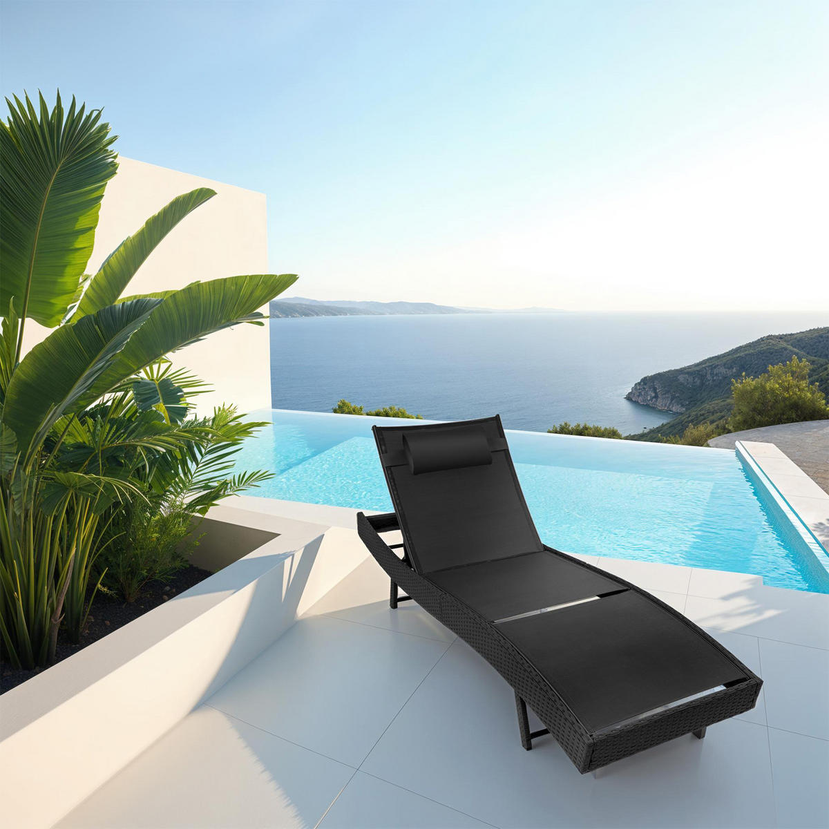 RATTAN-SONNENLIEGE Moana, 69 x 211 x 41 - 94 cm, schwarz - Schwarz, Kunststoff (69/94/211cm) - tectake