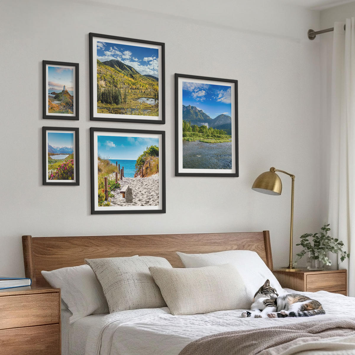 WANDBILDER 5er-Set - 50x50 cm & 20x30 cm & 40x60 cm Schwarzer Rahmen - See, Brücken, Berge - Schwarz, Kunststoff (40/60cm) - ArtPrintCave