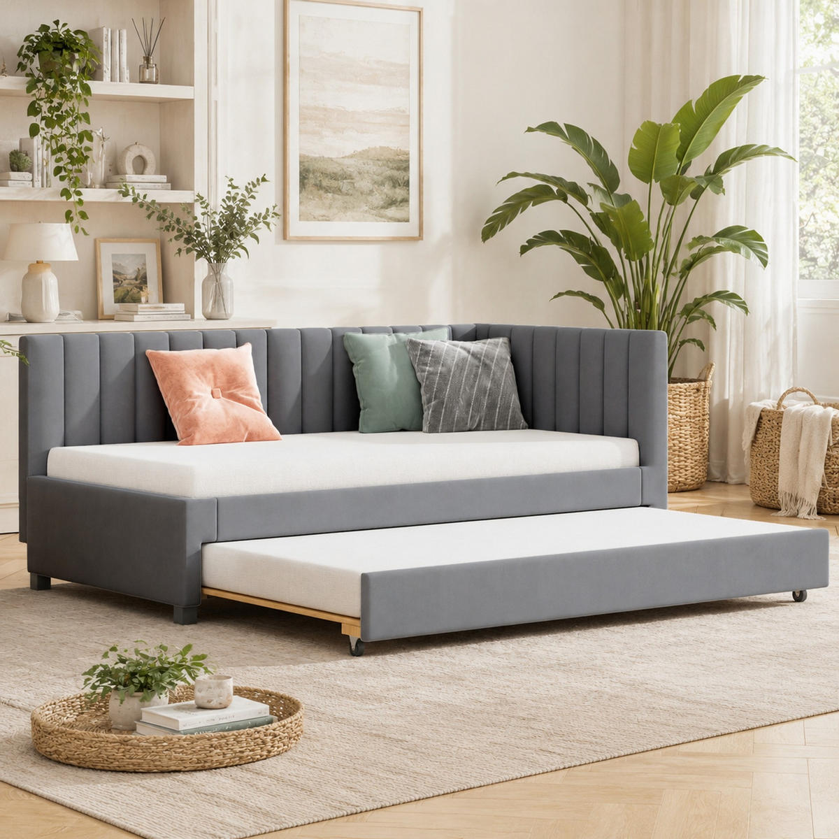 POLSTERBETT 90/200 mit Ausziehbett, Lattenrost und Samtstoff in Grau - Grau, Holzwerkstoff/Textil (90/200cm) - EVRYAE