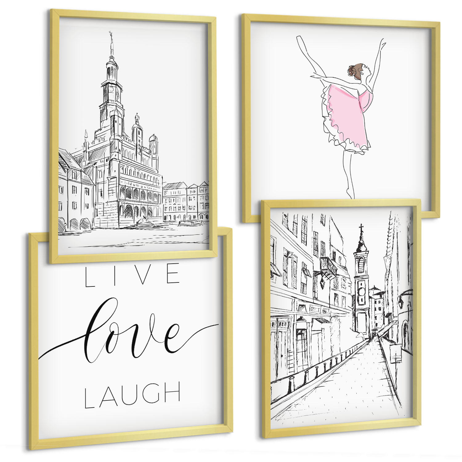 BILDER SET 4er Set - 50x50 cm & 40x60 cm Goldrahmen - Stilvolle Grafik, Ballerina-Architektur - Goldfarben, Kunststoff (50/50cm) - TULUP