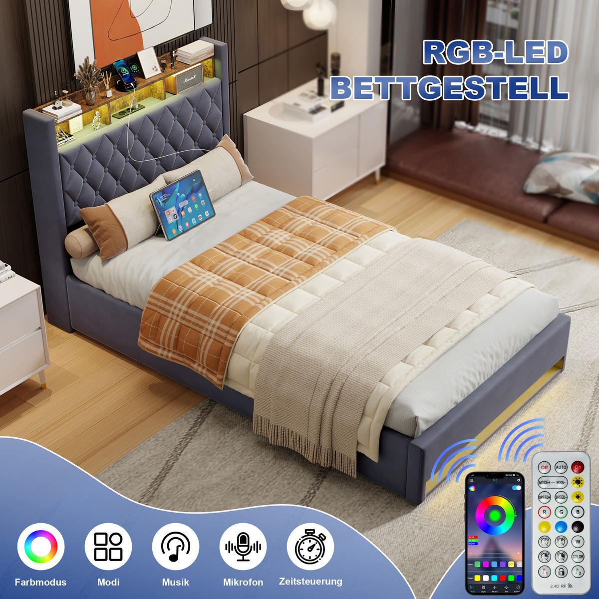 POLSTERBETT 140/190 cm in Grau Samt mit Bettkasten, LED-Beleuchtung und USB-Anschluss - Grau, Holzwerkstoff/Textil (140/190cm) - CHICFURN