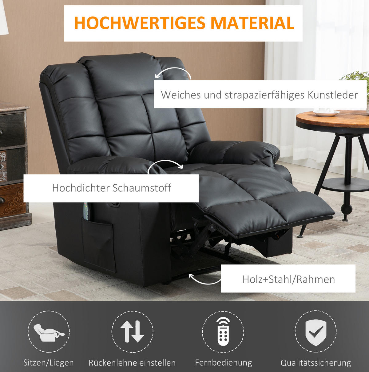 MASSAGESESSEL 94/99/99 cm in Schwarz mit 8-Punkt-Massage und Relaxfunktion - Schwarz, Kunststoff (99/99/94cm) - Flora Grace