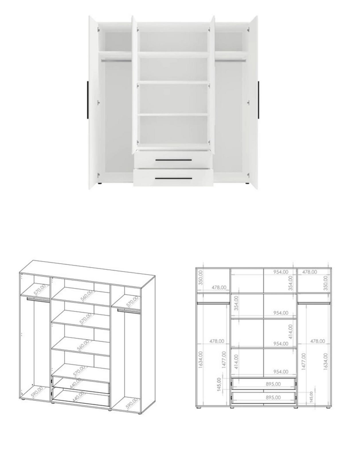KLEIDERSCHRANK Modena in weißer Farbe, mit Spiegel, mit Tür, mit Türen und Schubladen - Schwarz/Weiß, Holzwerkstoff/Kunststoff (200/206/59cm) - Ravio