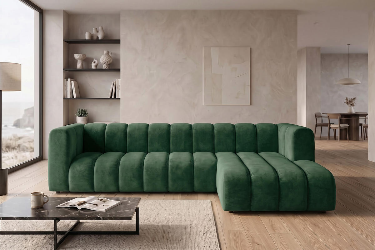 ECKSOFA Modulares In L-Form, Velvet-Stoff Riviera, Grün, Rechts, GRAND 318 cm - Grün, Holz (318/179cm) - Kaiser Möbel