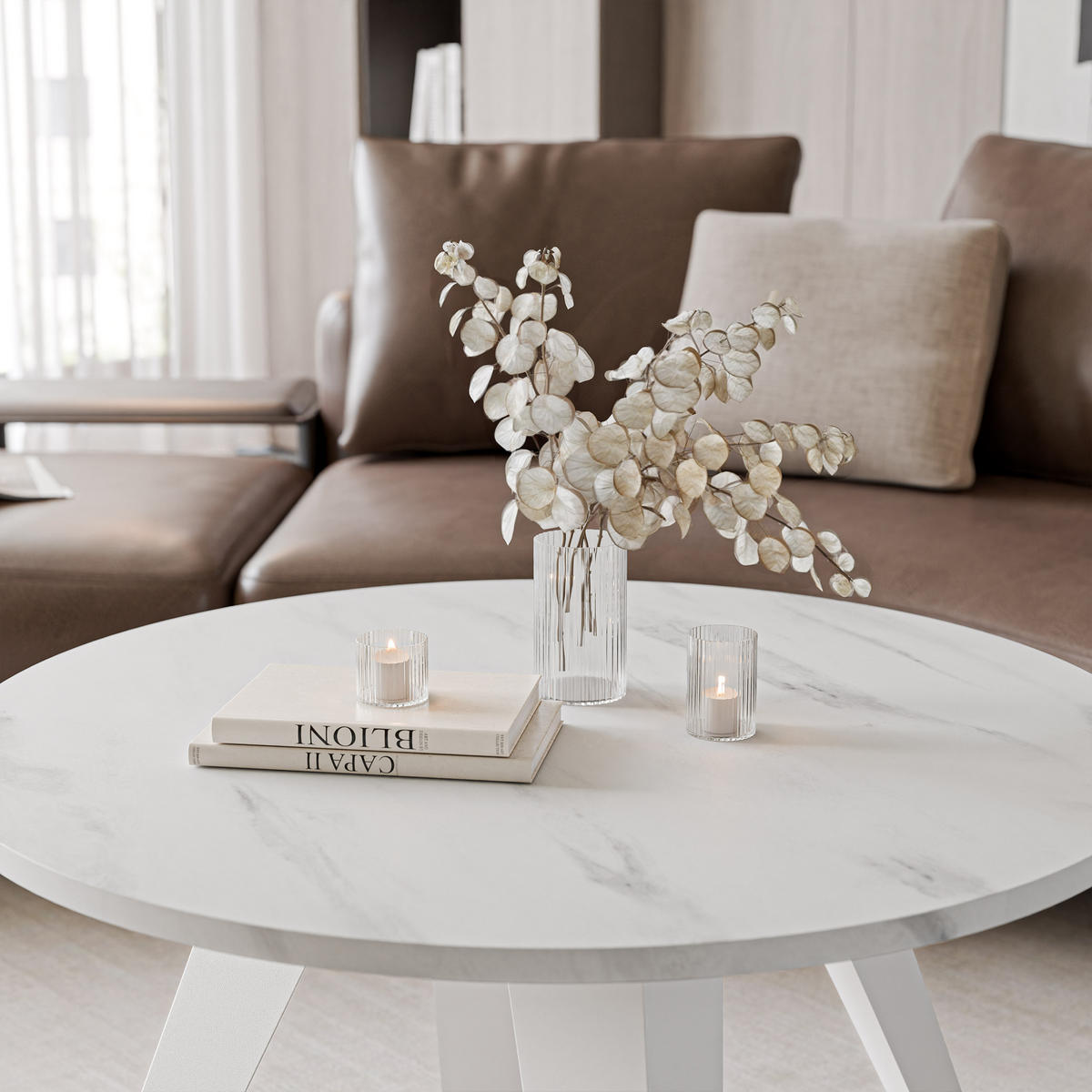 COUCHTISCH FERRO 75/50 cm runden, Weiß / Marmor Bianco - Perlmutt/Weiß, Metall (75/75/50cm) - Idohome
