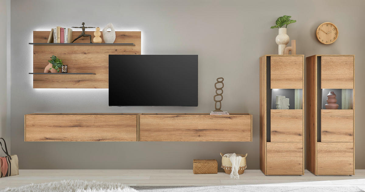 WOHNWAND Evoke Eiche, grau, Wohnkombination Set 5-teilig mit XXL-TV-Schrank, 440 cm - Eichefarben/Grau, Glas/Holz (440/180/40cm) - Furn.Design