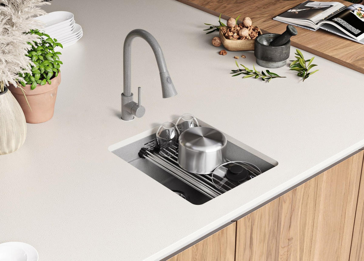 UNTERBAUSPÜLE GRANIT Praga, 2-er set Grau 41/47 cm 1 Becken + Küchenarmatur 38/14 cm + Ablauf-Set + Aufrollbare Abtropffläche ab 45er Unterschrank - Chromfarben/Grau, Kunststoff (41/20/47cm) - Primagran