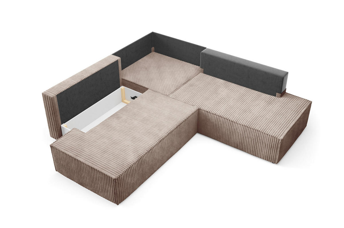 ECKSOFA TESSO II R-S Braun Kordstoff mit Schlaffunktion - Braun, Holz (254/254cm) - MASSENO